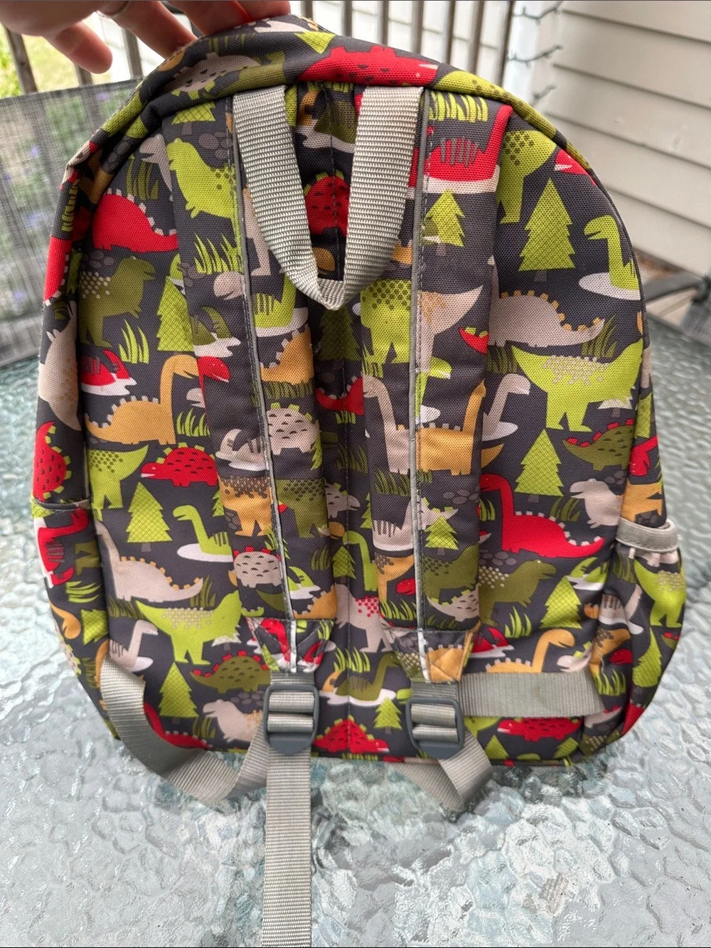 L.L. Bean Kids Dinosaur Backpack in Red, Green, Tan, Gray